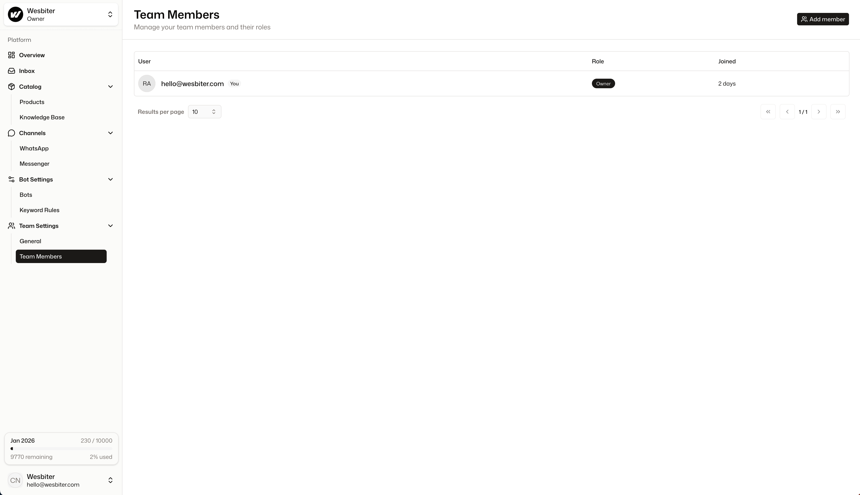 Team management and collaboration features in Wesbiter