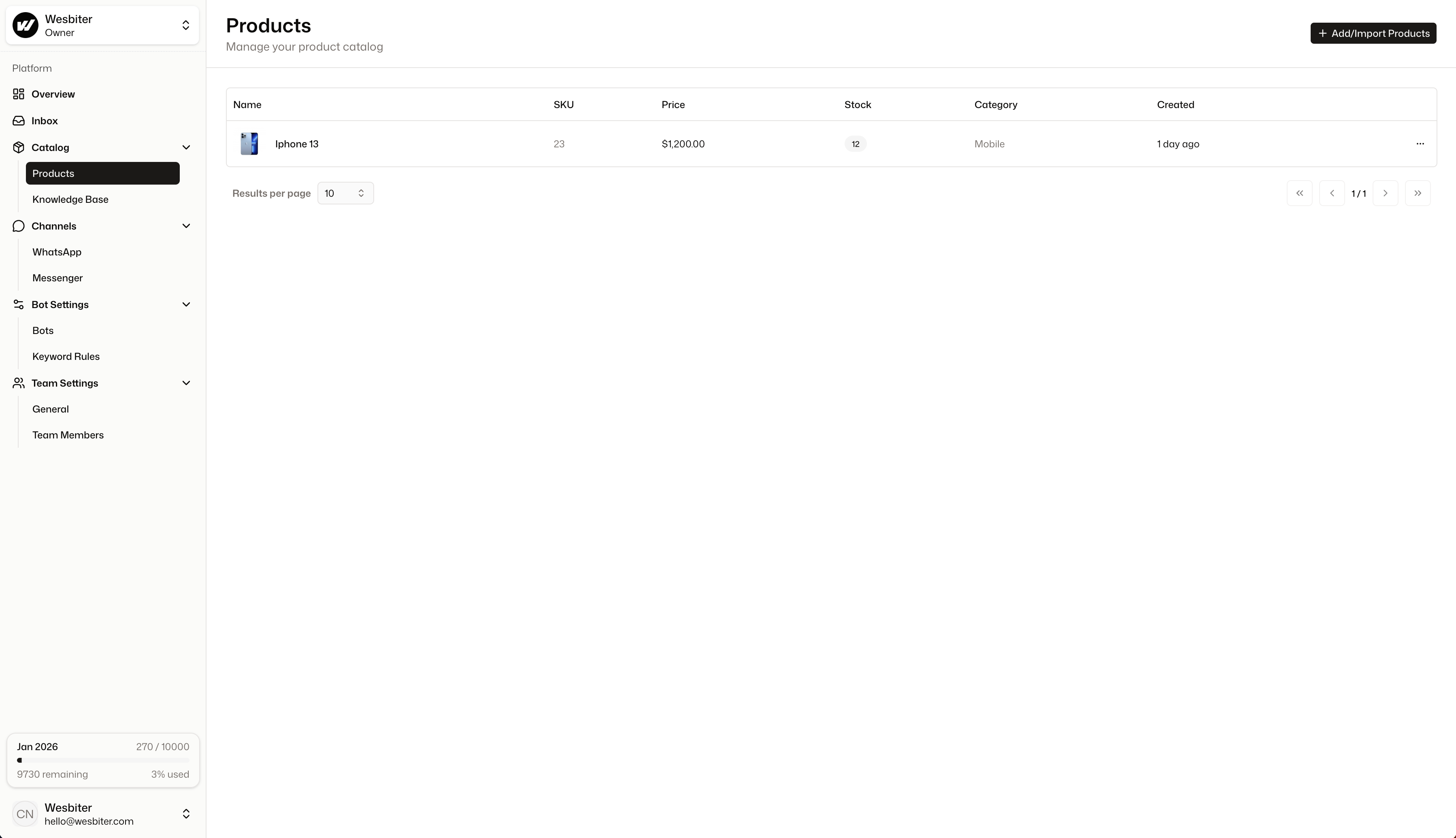 Product catalog management interface in Wesbiter