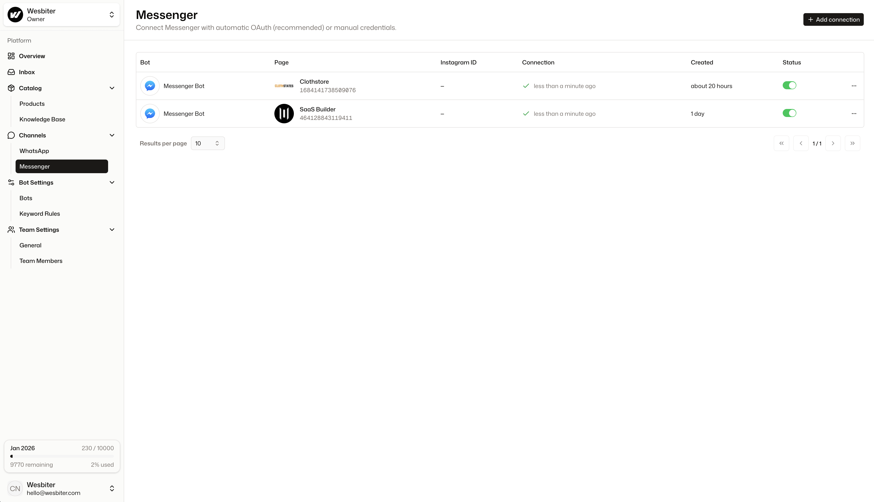 WhatsApp and Messenger channel integration setup